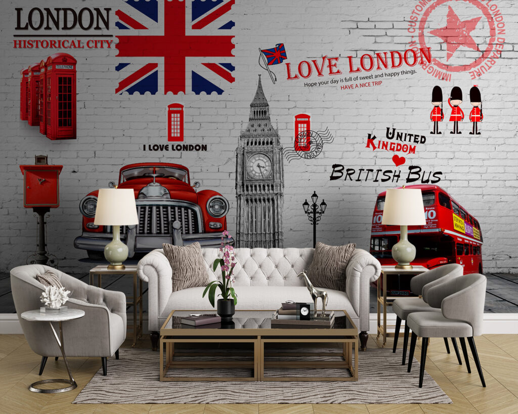 Red bus and a red bus painted on a wall Red bus and a red bus painted on a wall