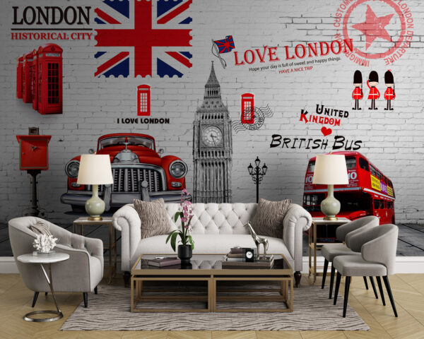 Red bus and a red bus painted on a wall Red bus and a red bus painted on a wall