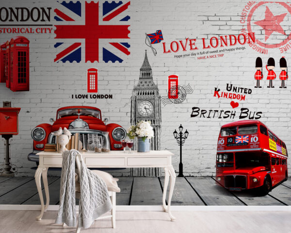 Red bus and a red bus painted on a wall Red bus and a red bus painted on a wall