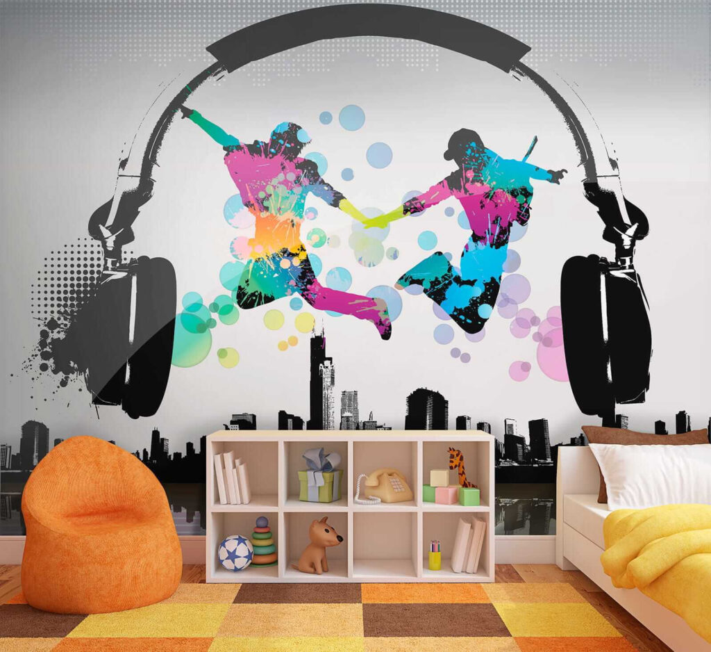 Couple of people jumping in the air with headphones