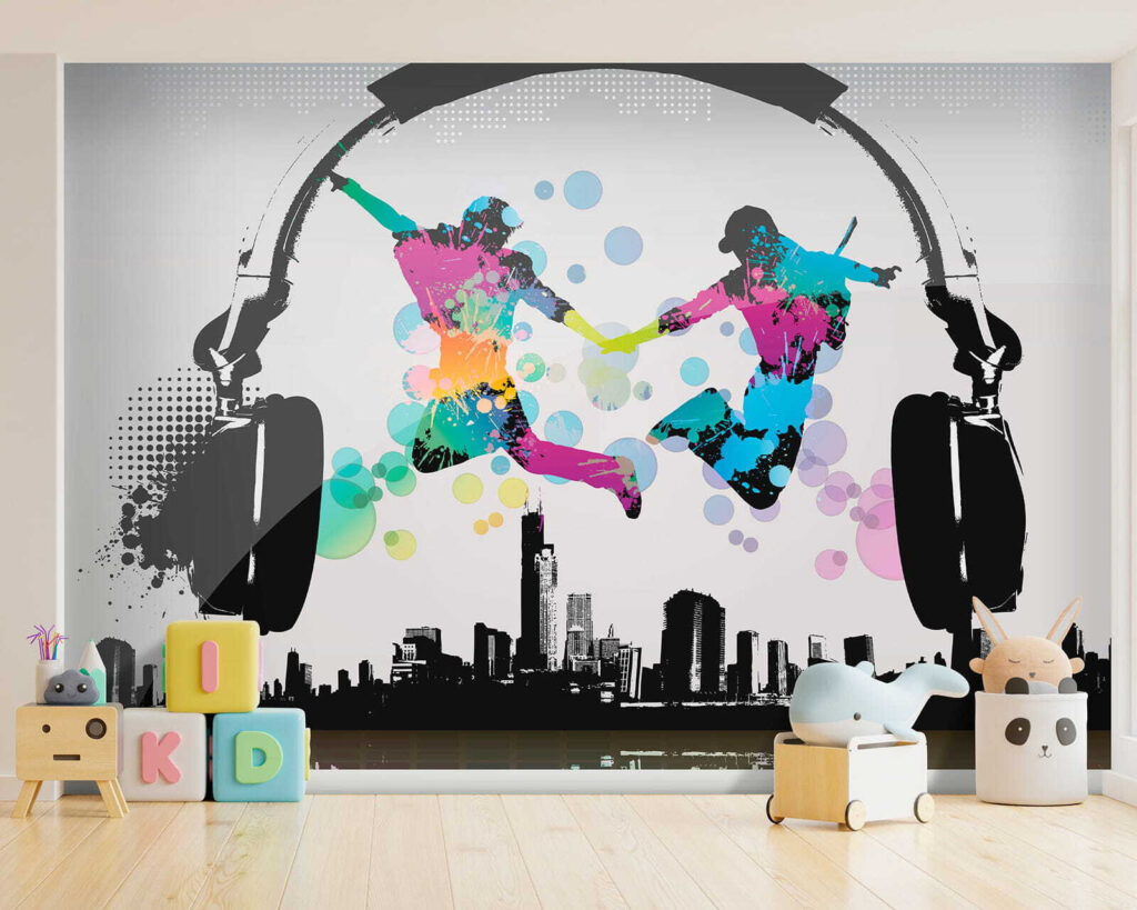 Couple of people jumping in the air with headphones