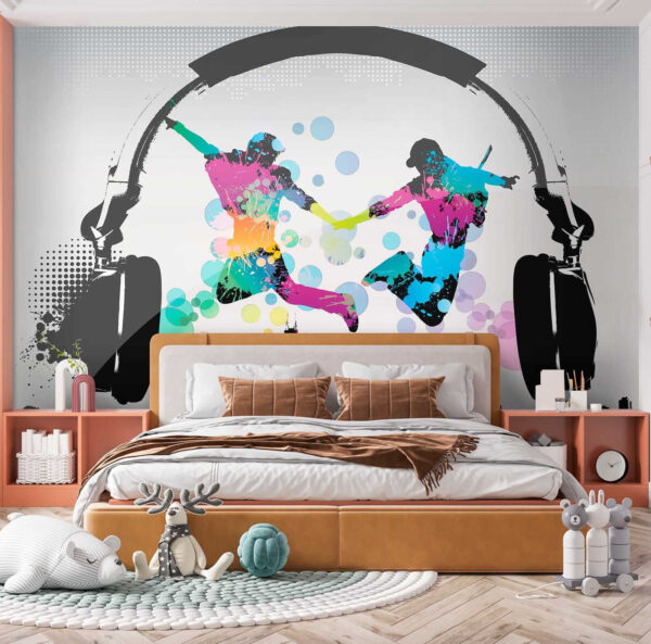 Couple of people jumping in the air with headphones