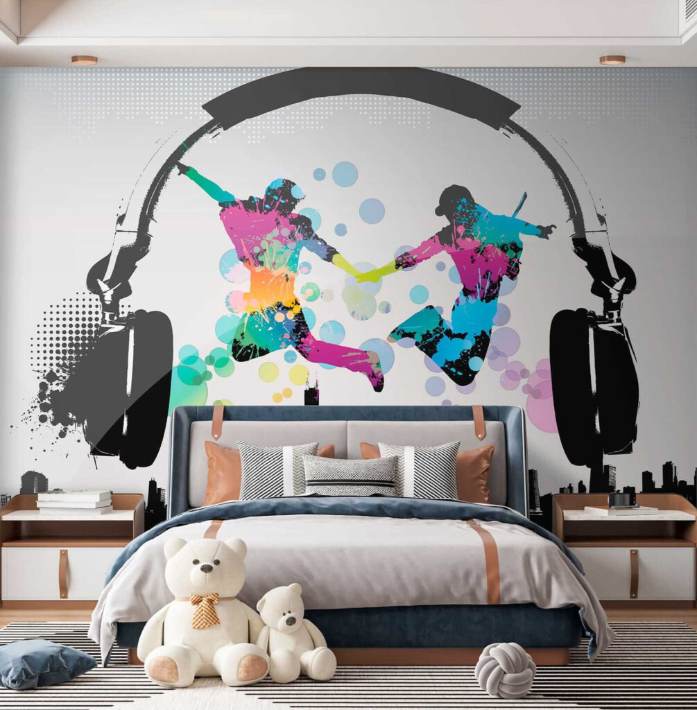 Couple of people jumping in the air with headphones