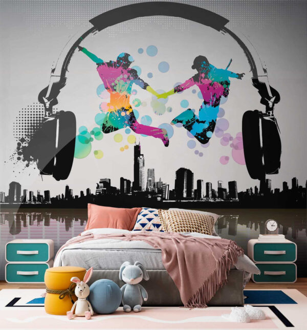 Couple of people jumping in the air with headphones