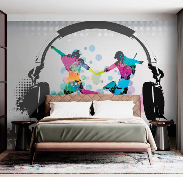 Couple of people jumping in the air with headphones