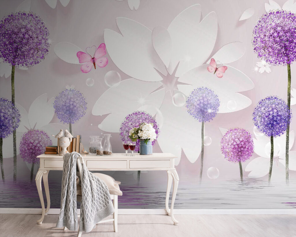 Purple and white flowers with butterflies