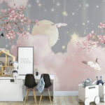 Wall murals Moon and clouds with birds and stars