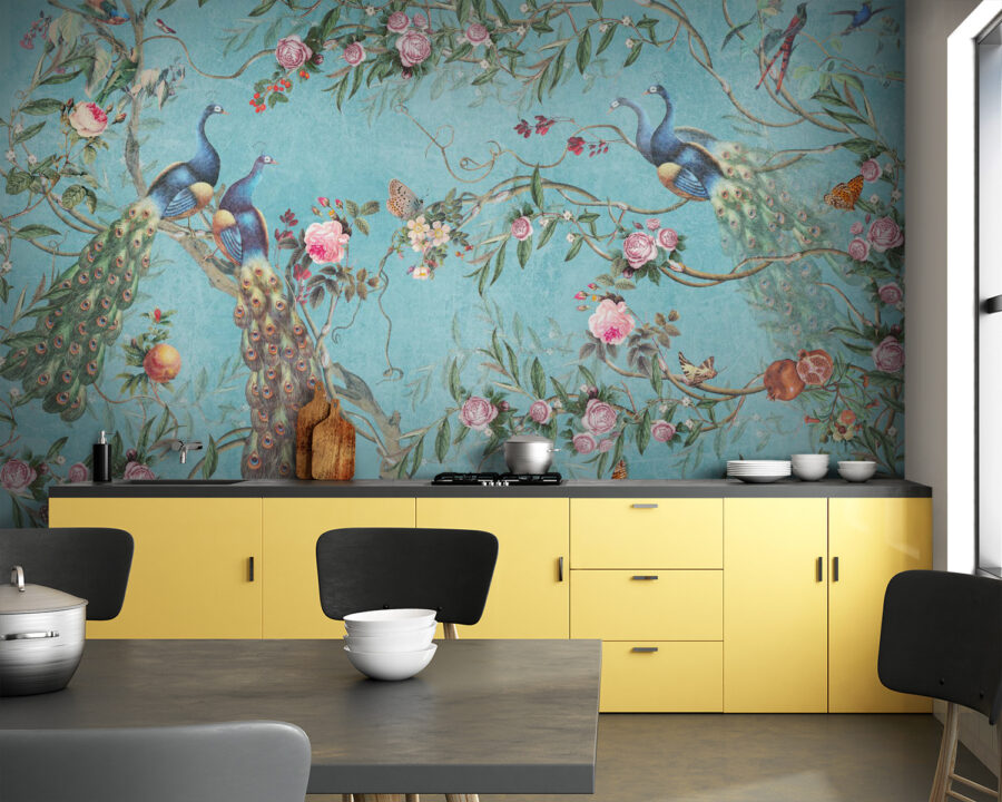 A wallpaper with birds and flowers
