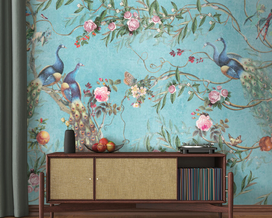 A wallpaper with birds and flowers