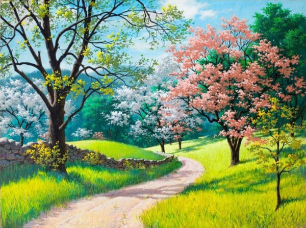 Dirt road through a grassy field with trees Dirt road through a grassy field with trees