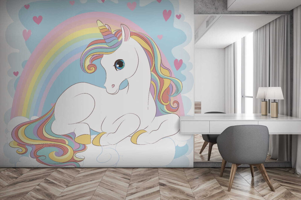 Unicorn sitting on a cloud with rainbow and hearts