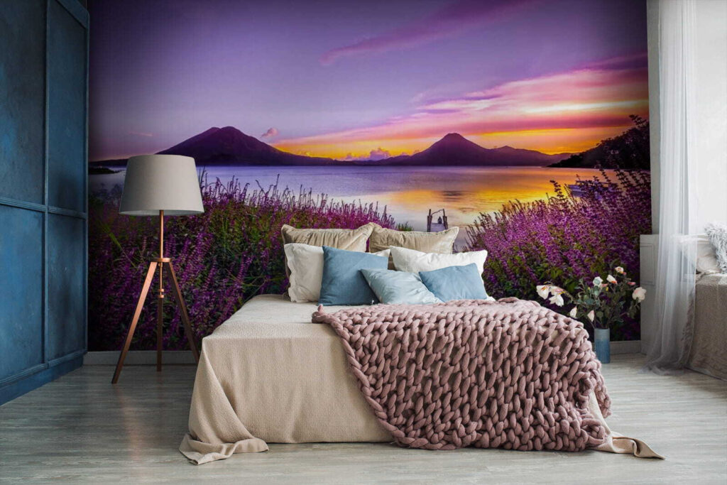 Path leading to a lake with purple flowers