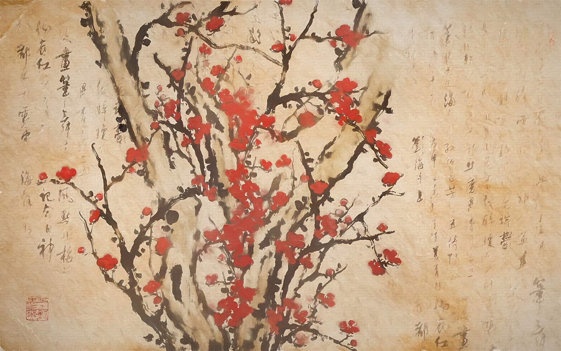 Painting of a tree with red flowers u10425p - Painting of a tree with red flowers - tegory