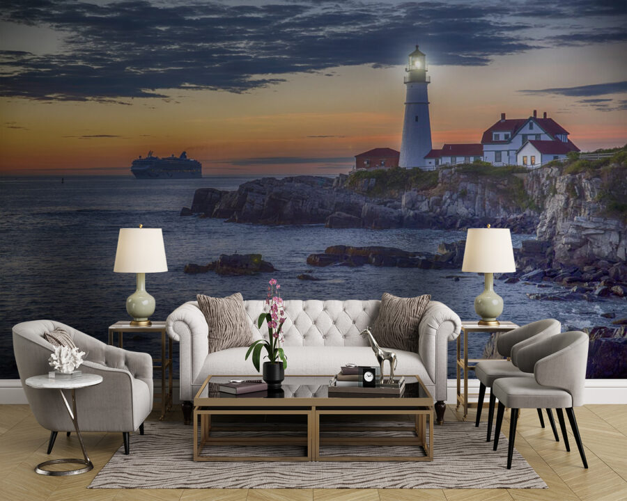 Lighthouse on a rocky shore with a cruise ship in the background