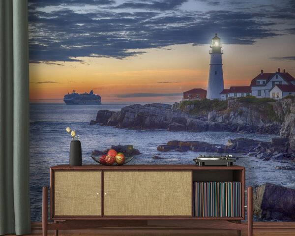 Lighthouse on a rocky shore with a cruise ship in the background Lighthouse on a rocky shore with a cruise ship in the background