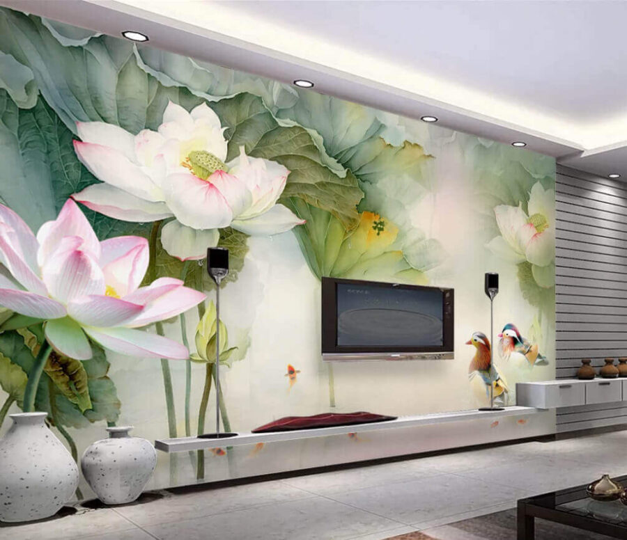 Wall murals Painting of a duck swimming in a pond with flowers