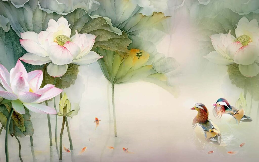 Painting of a duck swimming in a pond with flowers u10109p 1024x640 - Painting of a duck swimming in a pond with flowers - tegory