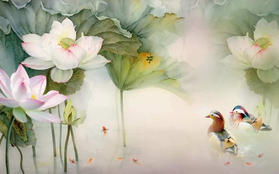 Wall murals Painting of a duck swimming in a pond with flowers - Image 2