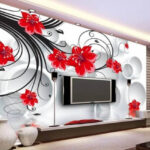 Wall mural Wallpaper with red flowers and white circles