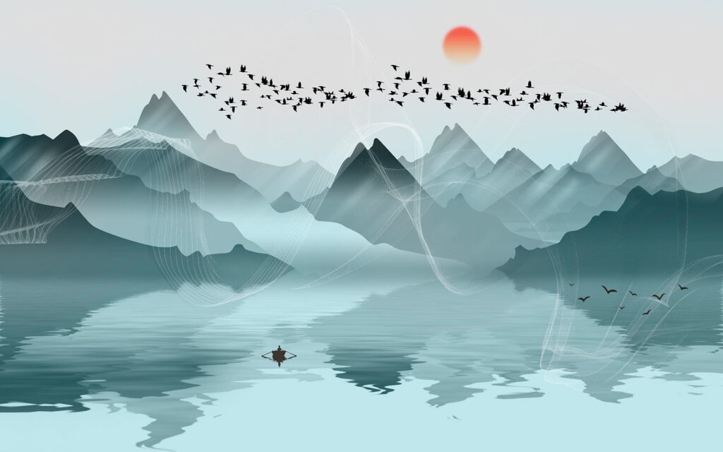 Group of birds flying over a lake Group of birds flying over a lake