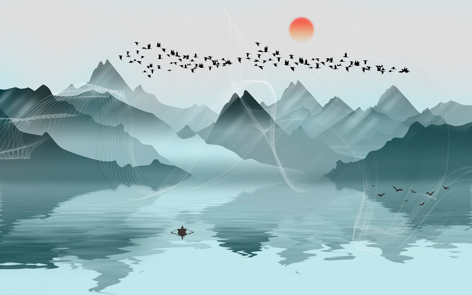 u08861p - Group of birds flying over a lake - tegory