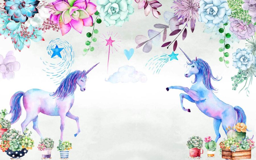 Watercolor unicorns and flowers