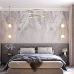 Pattern of butterflies and dots Wall murals White leaves on a gray background
