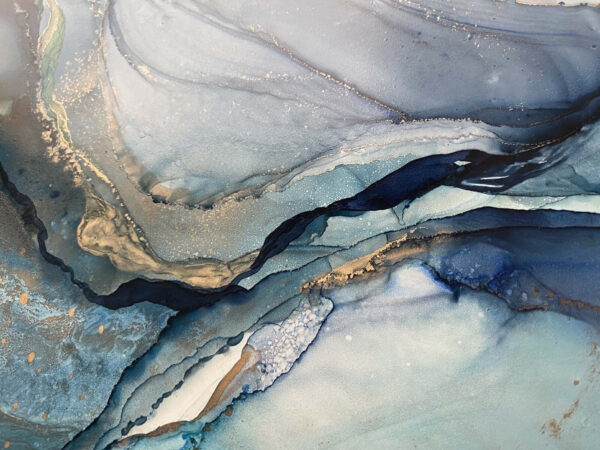 Swirling blues and earthy tones blend