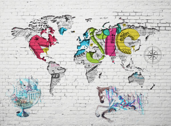 Map of the world painted on a brick wall