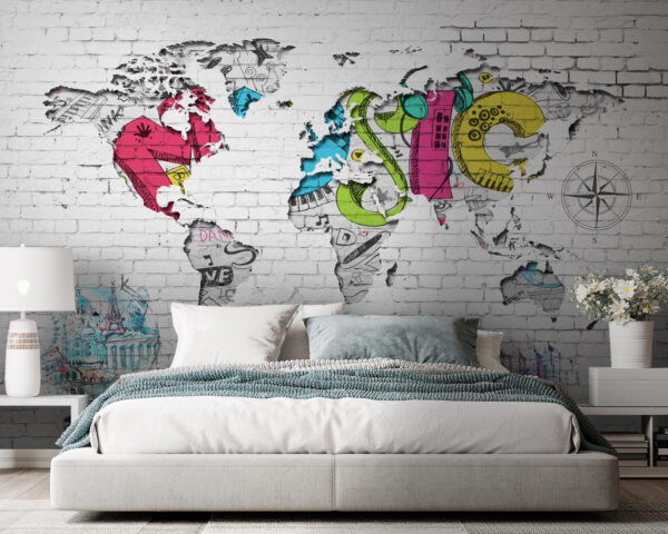 Map of the world painted on a brick wall