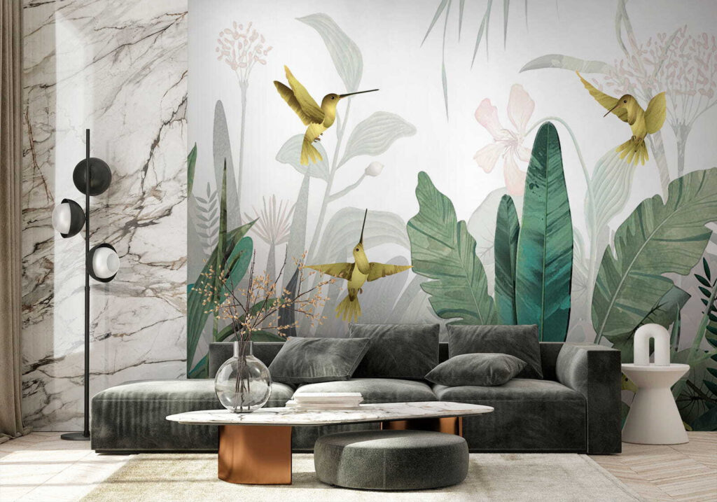 Hummingbirds flying over plants