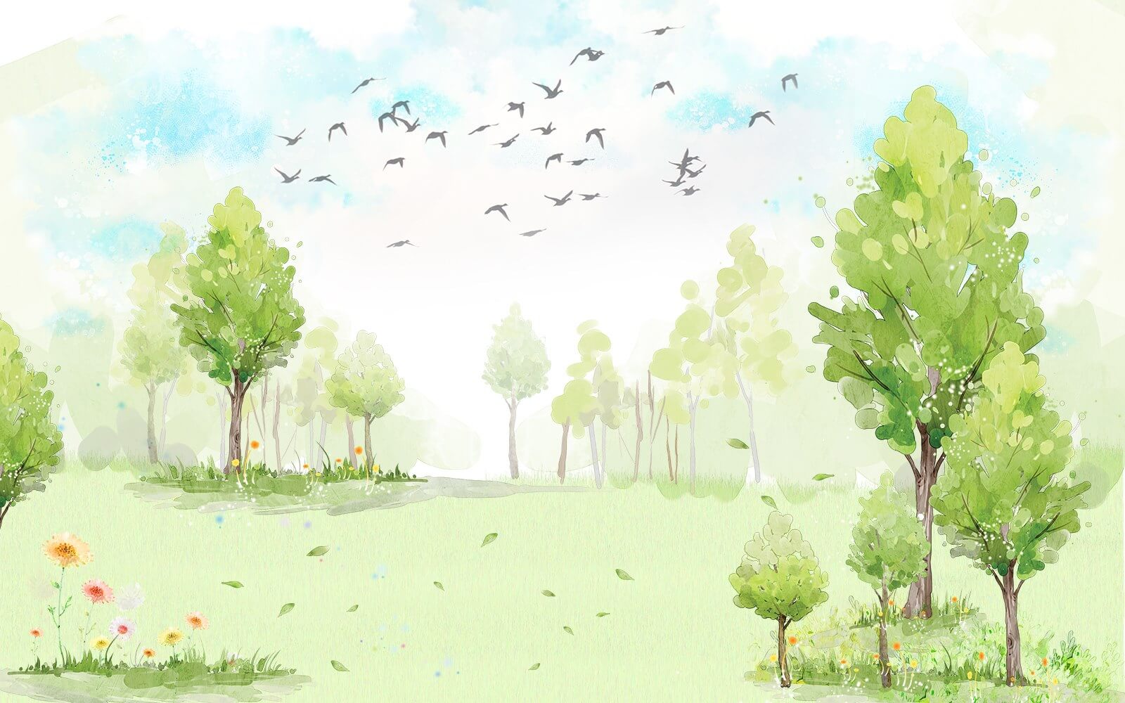 Green field with trees and birds flying in the sky u02064p - Green field with trees and birds flying in the sky - tegory