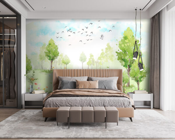Green field with trees and birds flying in the sky u02064pib115 600x480 - Green field with trees and birds flying in the sky - tegory