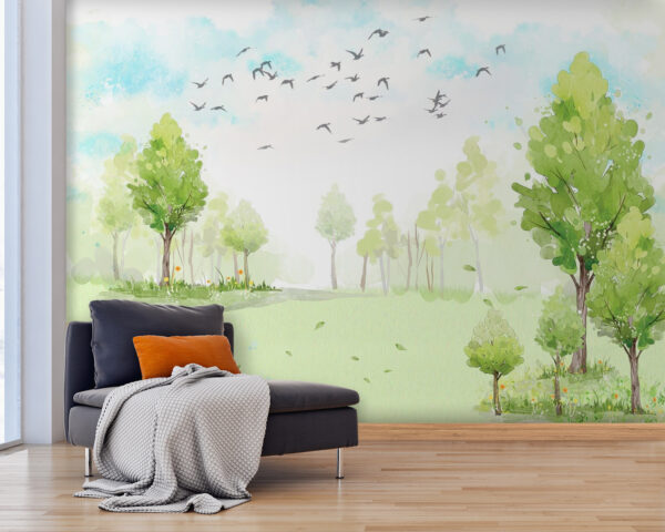 Green field with trees and birds flying in the sky u02064pig25 600x480 - Green field with trees and birds flying in the sky - tegory