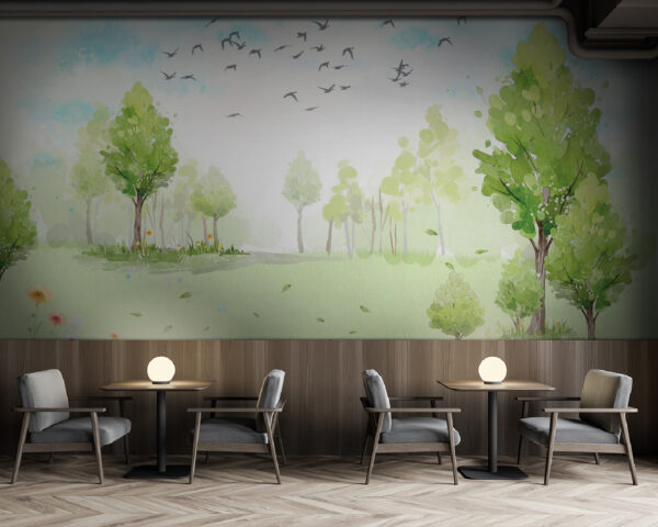 Green field with trees and birds flying in the sky u02064piz137m 600x480 - Green field with trees and birds flying in the sky - tegory