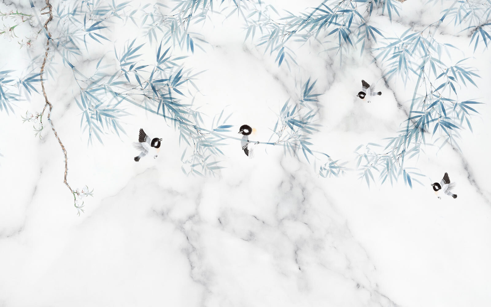 u05360p - White marble surface with blue leaves and birds - tegory