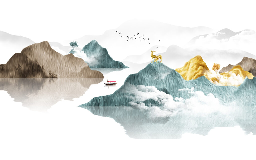 Painting of mountains and boats