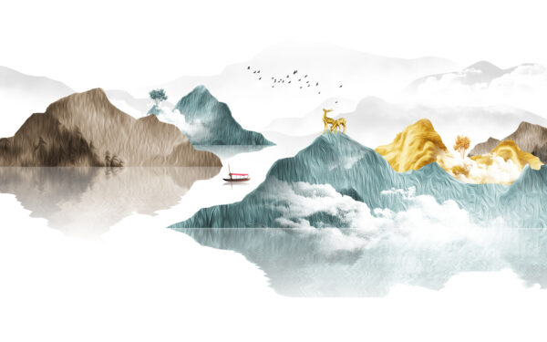 Painting of mountains and boats