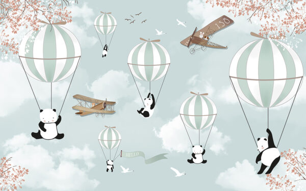 Pandas and hot air balloons in the sky