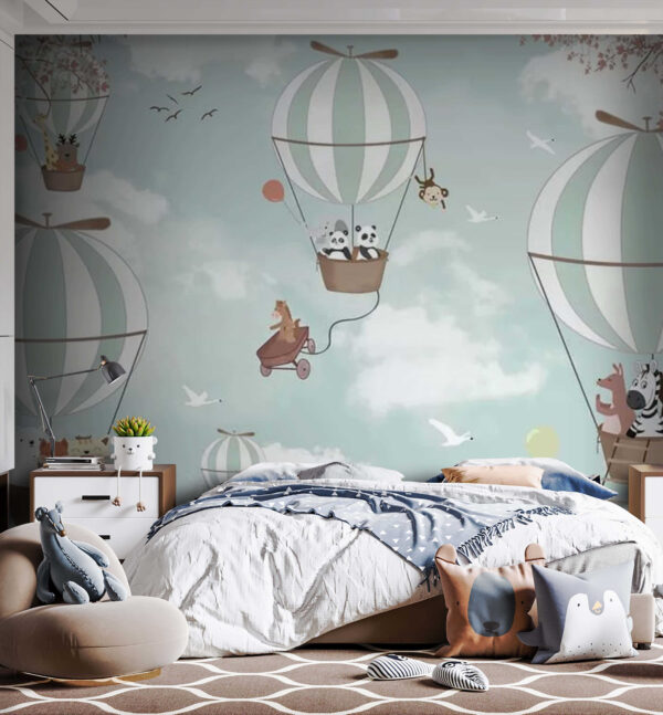 Pandas and hot air balloons in the sky