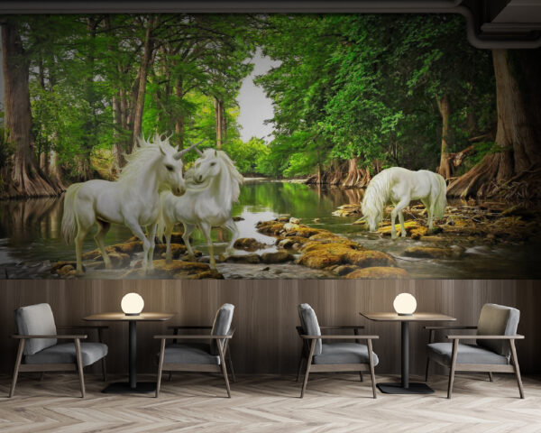 Group of white unicorns in a river Group of white unicorns in a river