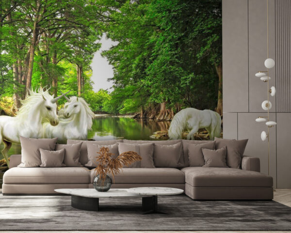 Group of white unicorns in a river Group of white unicorns in a river