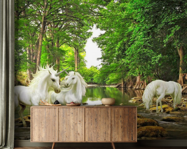 Group of white unicorns in a river Group of white unicorns in a river