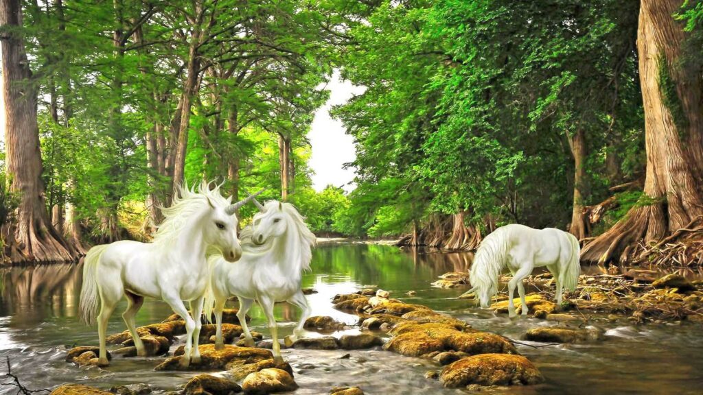 Group of white unicorns in a river Group of white unicorns in a river