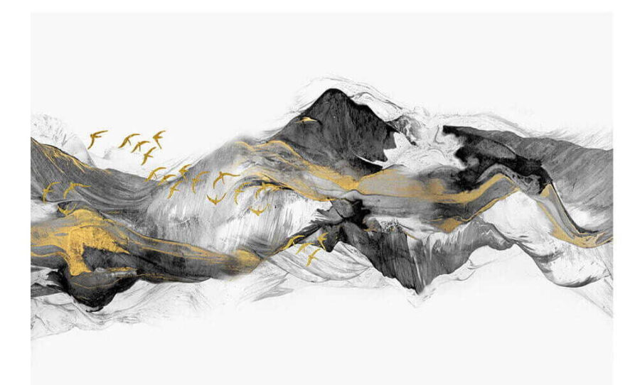 Painting of mountains with birds flying