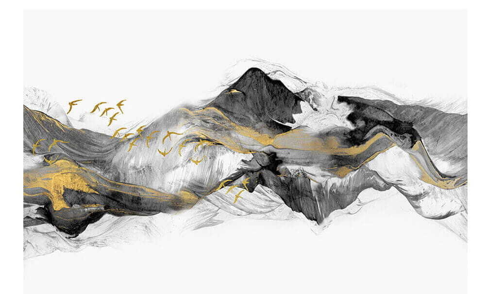 Painting of mountains with birds flying Painting of mountains with birds flying