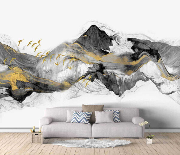Painting of mountains with birds flying Painting of mountains with birds flying