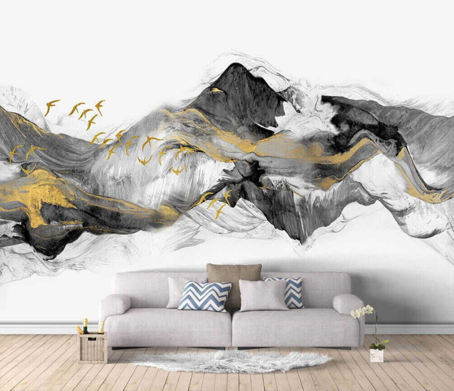 Painting of mountains with birds flying