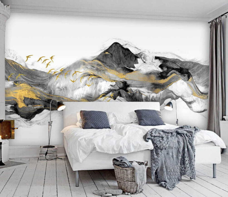 Painting of mountains with birds flying