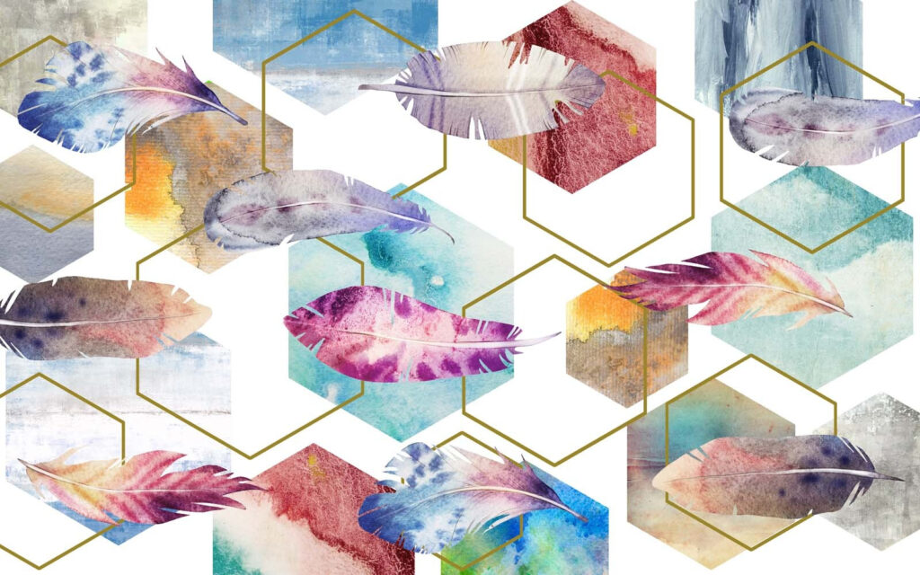 Colorful feathers and hexagons Colorful feathers and hexagons